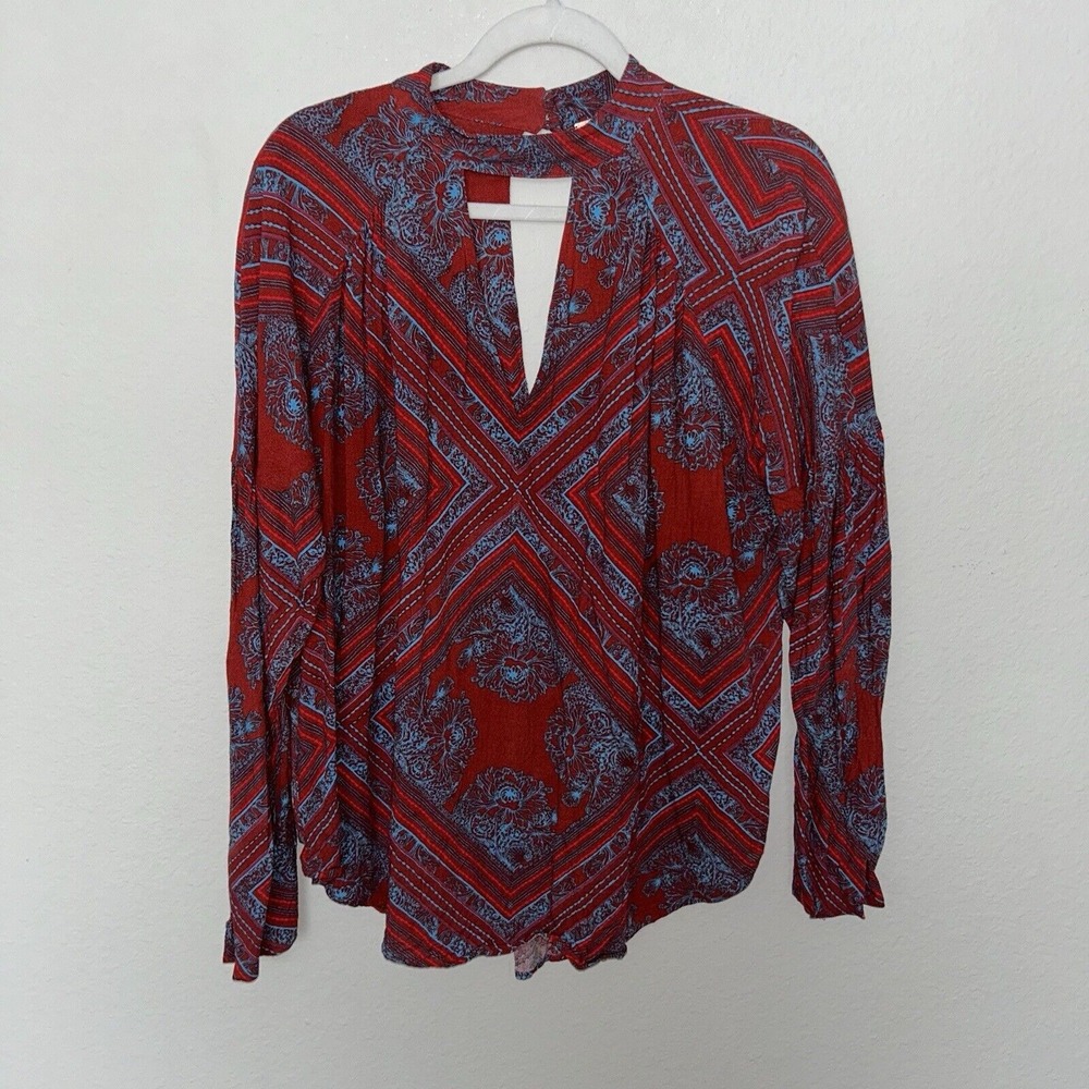 Free People‎ Tunic Women's Size Small Red Blue Oversized Boho Flowy Patterned
